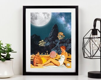 Moonbathing - Mid Century MCM PinUp Surreal Beach Moon Collage Print