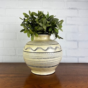 May include: A cream-colored ceramic vase with a black and white geometric pattern. The vase is filled with green leafy plants.