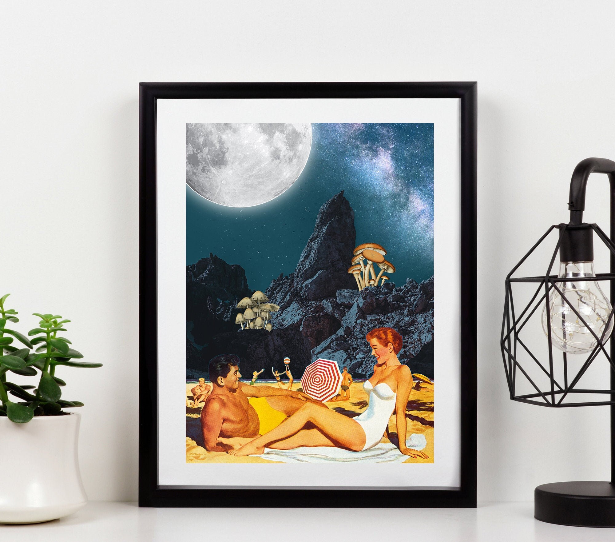 Moonbathing Moonbathing - Mid Century MCM Pinup Surreal Beach Moon Collage Print - Etsy