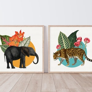 Pair of Jungle Animal Collage Prints - Leopard & Elephant