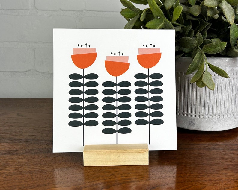 Mod Flowers Mid Century Inspired Mini Print with Wood Block image 1