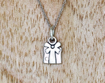 Sterling Silver Gift Box Charm Necklace, Swarovski Crystal Detail