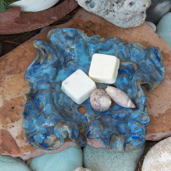 Hand Made Soap Dish Ocean Wave Sculpture Royal Caribbean Blue Stoneware Beach House Bathroom Kitchen Decor Gift Item