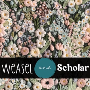 Op de afbeelding: Een gedetailleerd bloemenontwerp met geborduurde bloemen in wit, roze en lavendel, tegen een donkergrijze achtergrond. De tekst "Weasel and Scholar" wordt in witte letters weergegeven.