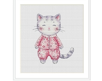 Cute Cat in Pink Pajamas Cross Stitch Embroidery Digital Pattern Printable File  Instant Download PDF Format Easy and Simple Pink Outfit