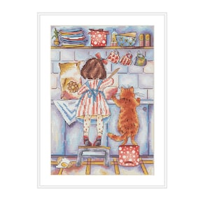 Cooking Together Cross Stitch – Red Cat and Little Girl in the Kitchen, Instant PDF
