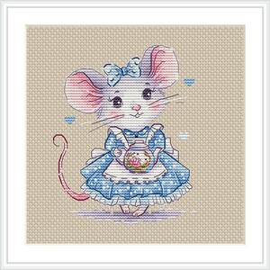 May include: A cross-stitch embroidery pattern on beige Aida cloth featuring a white mouse with pink ears, wearing a blue polka-dot dress with a white apron and a blue bow. The mouse holds a small floral teapot, surrounded by light blue heart icons.