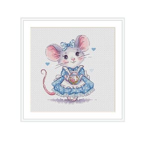 May include: A cross-stitch pattern featuring a white mouse with pink ears wearing a blue dress with a white apron and a blue bow on its head. The mouse is holding a small teapot with floral details. Small blue hearts are scattered around the mouse.