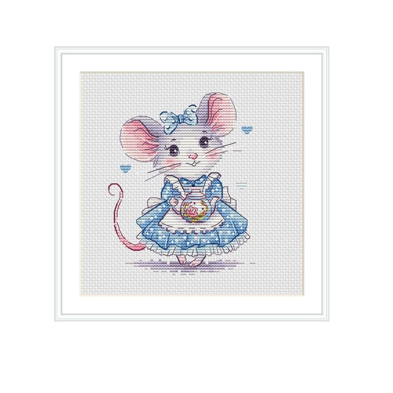 May include: A cross-stitch pattern featuring a white mouse with pink ears wearing a blue dress with a white apron and a blue bow on its head. The mouse is holding a small teapot with floral details. Small blue hearts are scattered around the mouse.