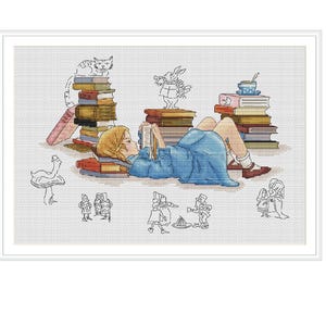 Meisje lezen sprookjeskaarten kruissteken Instant download digitaal patroon pdf Alice Books For Kids Handgemaakte geborduurde sprookjes