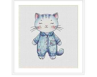 Cute Cat in Blue Pajamas Cross Stitch Pattern Embroidery Children's story Adorable Animal Simple style Instant Download Digital PDF Format