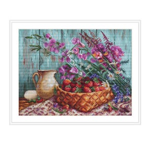 Rustiek stilleven aardbei-bes zomerbloemen borduren kruissteekkaart Instant download digitaal formaat aquarel geborduurd werk
