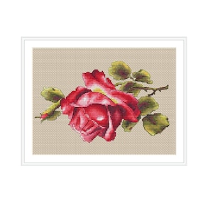 Vintage rode roos kruissteekkaart digitaal bestand pdf-formaat Instant download borduurwerk bloemen Sweet Rose Garden borduurwerk