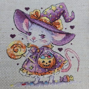 Patrón de punto de cruz de ratón bruja de Halloween, gráfico de truco o trato con dulces (PDF)
