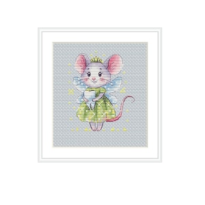 May include: A framed cross-stitch of a cartoon mouse dressed as a tooth fairy. The mouse has pink ears, a gold crown, and a green dress. It holds a large white tooth and has blue fairy wings. The background is light gray.