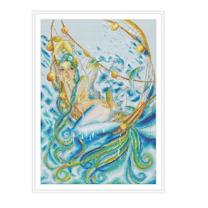 Mermaid Cross Stitch Pattern – Fantasy Sea Creature with Fish, Instant Download PDF