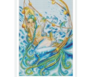Motif sirène au point de croix – créature marine fantastique avec poisson, téléchargement immédiat au format PDF