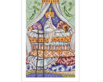 Fairy Tale Princess on the Pea Cross Stitch Pattern Embroidery Instant Download PDF-Pattern DMC threads Decor Children's Room Digital File