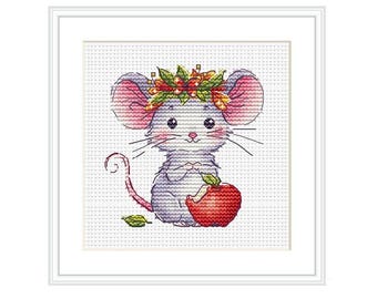Mouse in Wreath Cross Stitch Pattern: Embroidered Animal Design (PDF & Saga Files