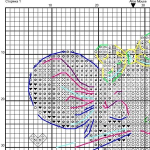 May include: A cross-stitch pattern chart on a white grid background featuring black symbols and numbered axes. The design includes a circular outline, a bow shape, and various geometric icons like hearts, stars, and circles. Text reads Alice Mouse.