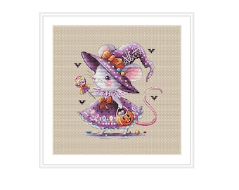 Halloween Witch Mouse Cross Stitch Pattern – Candy Design (PDF Pattern)