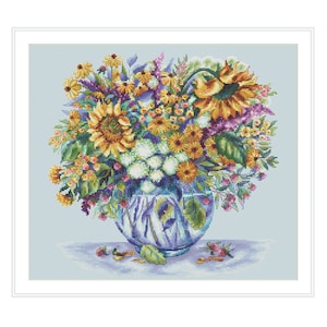 Watercolor Bouquet of Sunflowers Pattern Cross Stitch Digital File PDF Format, Instant Download Beautiful Hand Embroidered Flowers