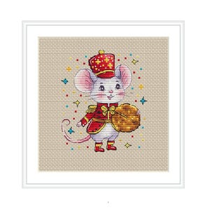 May include: Cross-stitch artwork featuring a white mouse in a red and gold military uniform and crown, holding a golden drum. The design includes colourful star and square accents. The background is a beige cross-stitch fabric.