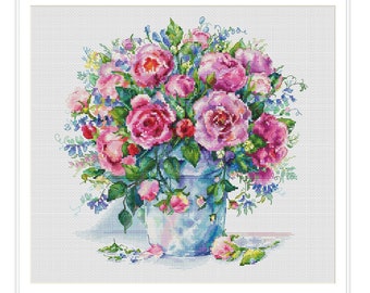 Pink Rose Bouquet Cross Stitch Pattern – Romantic Floral Embroidery Design - Digital PDF Chart