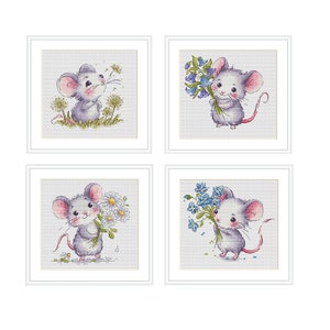 Set di 4 schemi a punto croce con topolini fioriti, download immediato. Adorabili topolini fioriti per i tuoi progetti di ricamo. Animali carini in miniatura.