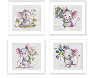 Flower Mice Cross Stitch Pattern Set – Cute Mouse Designs (PDF Bundle)