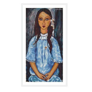 Portrait d'une jeune fille Broderie au point de croix Format numérique Téléchargement instantané Art de la broderie Peinture Fille en robe bleue
