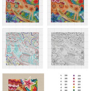 May include: A cross-stitch pattern document featuring four grid variations of a rocking horse design, a finished color example on tan fabric, and a legend with DMC thread color codes and symbols for 209, 309, 335, 351, 444, 505, 562, 606, and 677.