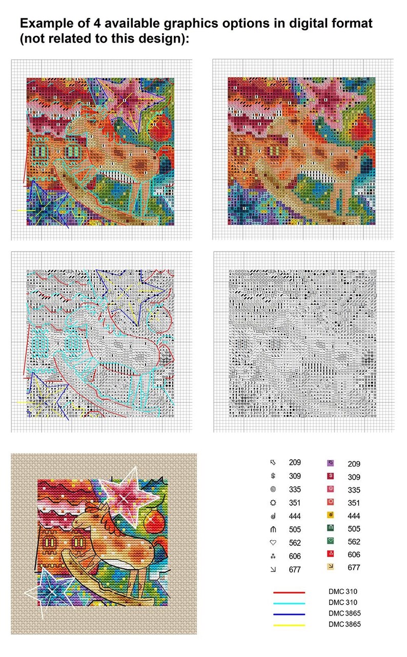 May include: A cross-stitch pattern document featuring four grid variations of a rocking horse design, a finished color example on tan fabric, and a legend with DMC thread color codes and symbols for 209, 309, 335, 351, 444, 505, 562, 606, and 677.