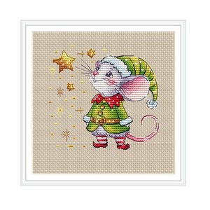 May include: A white mouse wearing a green and red elf costume with a white hat and a pink tail. The mouse is looking up at a gold star with a sparkle effect. The background is a beige canvas with a scattered sparkle effect.