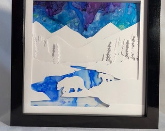 Mountain aurora / Layered paper art / shadow box / cut art polar bear / mountain scene / northern lights / alcohol ink framed 8x8