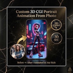 Peut inclure: Publicité pour des services d'animation de portraits 3D CGI personnalisés. L'image montre une comparaison avant-après, avec une photo se transformant en un personnage animé. L'animation se déroule dans une ville éclairée au néon avec une voiture de sport. Le texte comprend "Custom 3D CGI Portrait Animation From Photo."