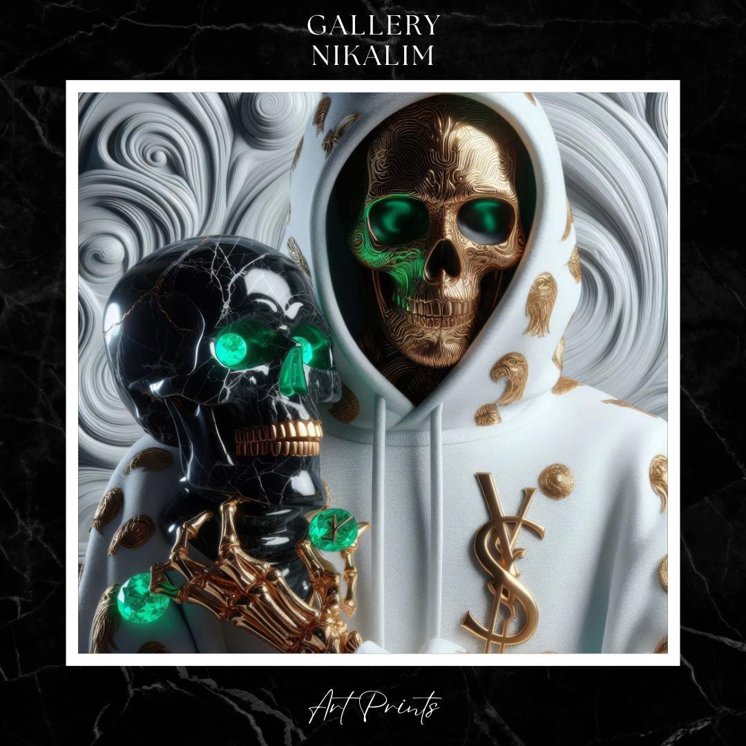 AI Skull Portrait Marble Black Emerald Eyes Skull Gold Skull Rapper ...