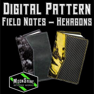 May include: Two notebook covers featuring the text DIGITAL PATTERN FIELD NOTES - HEXAGONS and a MOONSHINE BESPOKE WORKS logo. One cover has black and white fur with smooth black leather, the other has yellow and black fur with carbon fiber texture.