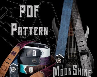 Puede incluir: Un patrón PDF para hacer correas de guitarra. La imagen muestra varias correas de guitarra diferentes en varios colores y diseños, incluyendo negro, marrón, azul verdoso y morado. Las correas están hechas de cuero y tienen una variedad de elementos decorativos, como costuras, hebillas y detalles metálicos. La imagen también incluye el texto "PDF PATTERN" y "MOONSHINE BESPOKE WORKS".