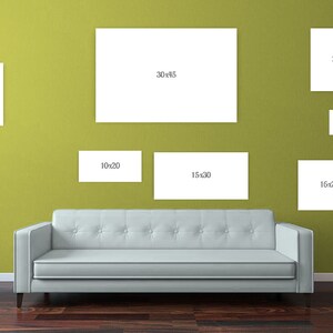 May include: A wall gallery featuring a selection of framed prints in various sizes. The prints are displayed in a grid pattern on a pale green wall. The largest print measures 30 inches by 45 inches, while the smallest print is 8 inches by 10 inches.