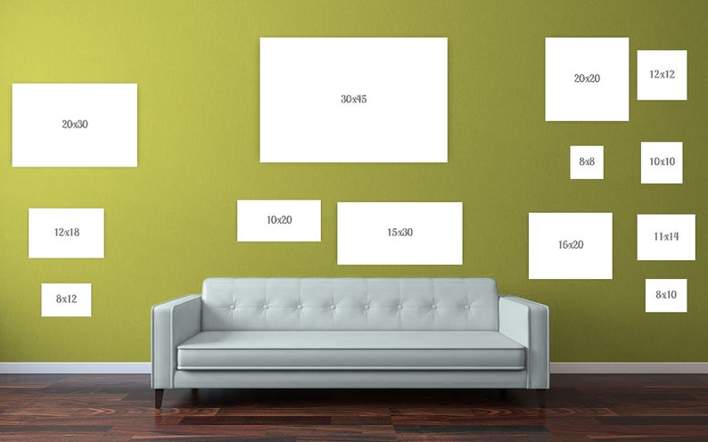 May include: A wall gallery featuring a selection of framed prints in various sizes. The prints are displayed in a grid pattern on a pale green wall. The largest print measures 30 inches by 45 inches, while the smallest print is 8 inches by 10 inches.
