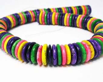 Magnesite Multicolor Pink, Green, Yellow, Purple Disc Gemstone Strand, Bead Strand