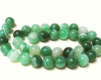 10 mm Agate round green striped chain strand