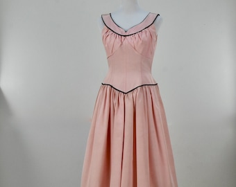 1950s Pink Faille PARTY  Dress with Black  Velvet Trim.................size Medium