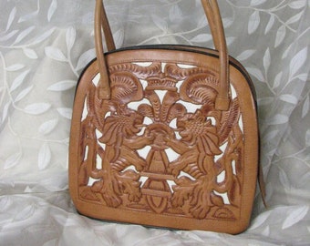 Vintage Hand Tooled Natural Leather Handbag.......  Gorgeous Design.......  Pristine.....  Memorable Gift!