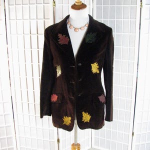 1970s Austin Hill Brown Velvet Blazer with Hand Painted Leather Fallen Leaves .  size Medium/10....... ON SALE