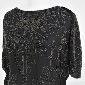 1920s Black Silk Beaded ART DECO  Blouse ....... Made in France for RH Macy & C0. ............ size Medium / 8 - 10