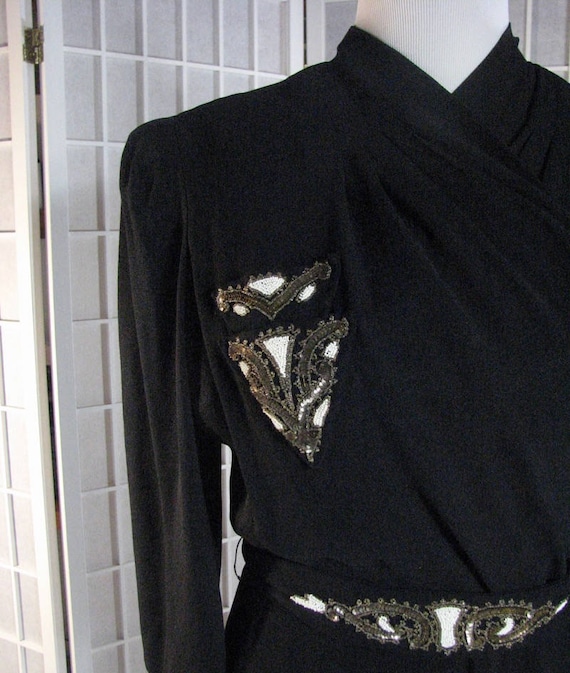 1930/40s Black Crepe Dress with Beaded Pockets an… - image 1