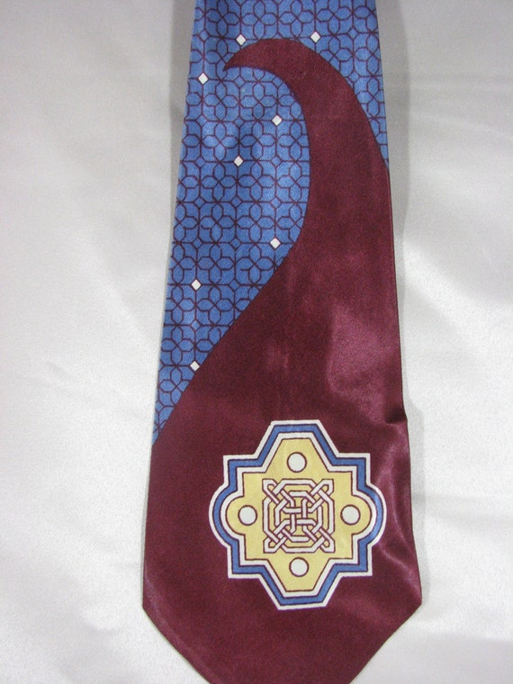 1940s Rayon Satin Wide Tie ...Maroon & Blue  DECO