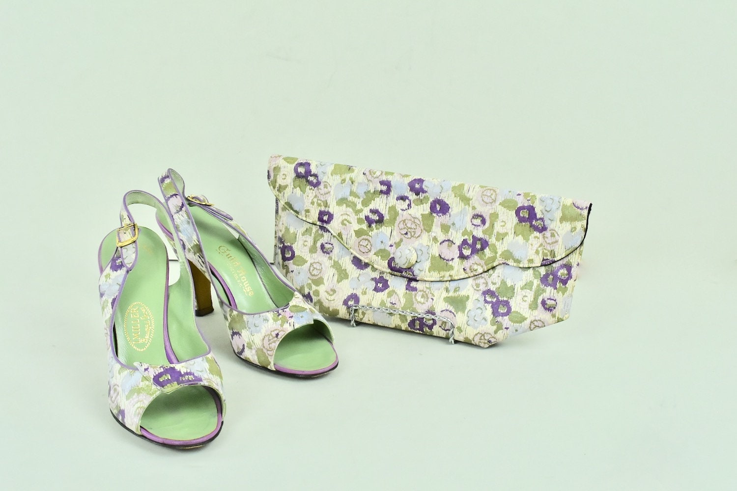 1950s Matching Leather Floral Printed Sandals & Clutch Purse I. Miller…